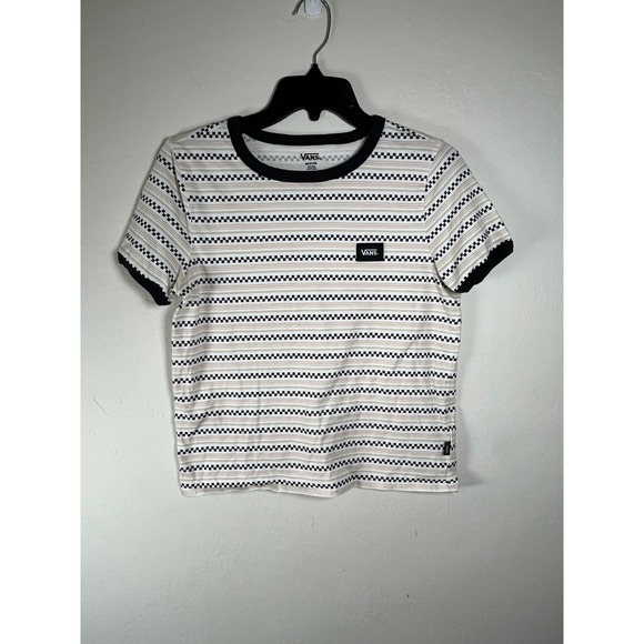 Vans Women's Striped T-Shirt Top Crew Neck Graphic Logo Checkered Casual - Picture 1 of 6